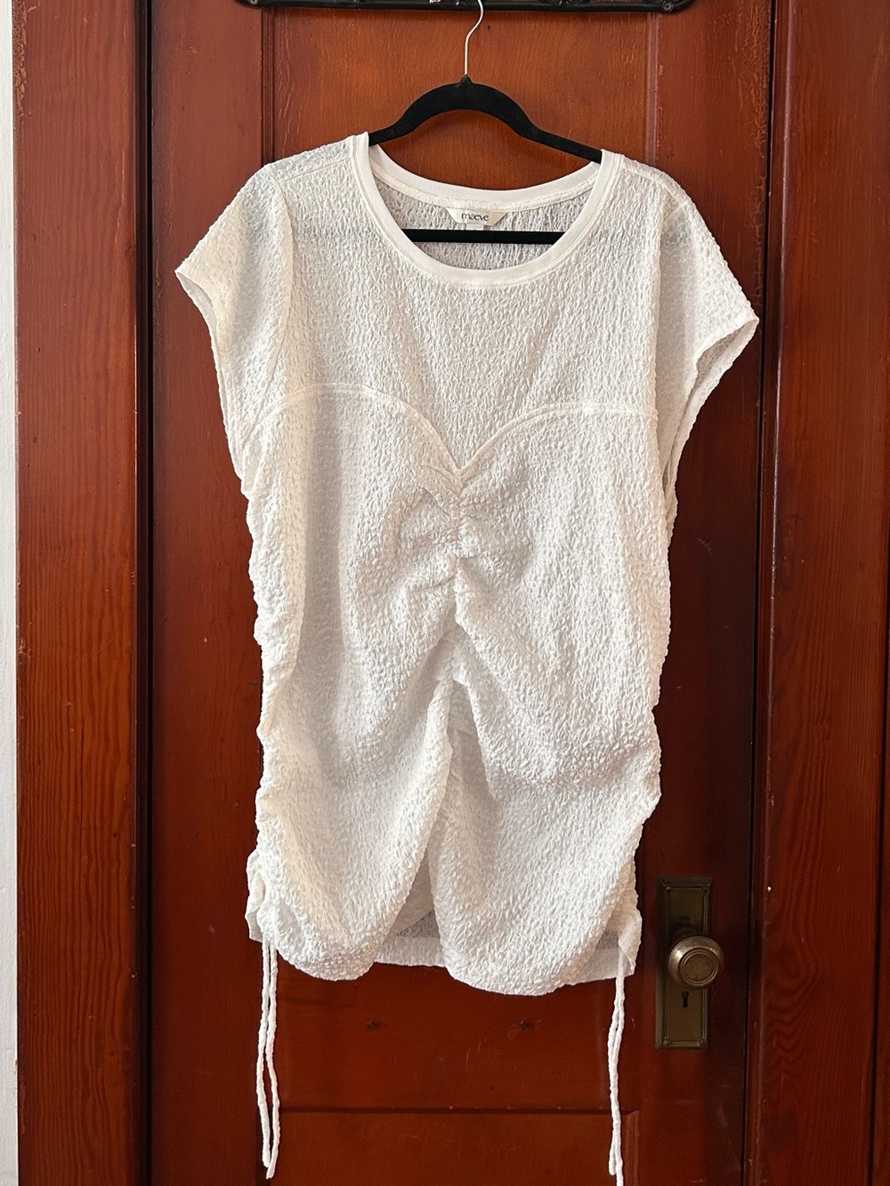 Maeve Cream Textured Short Sleeve Drawstring Tunic